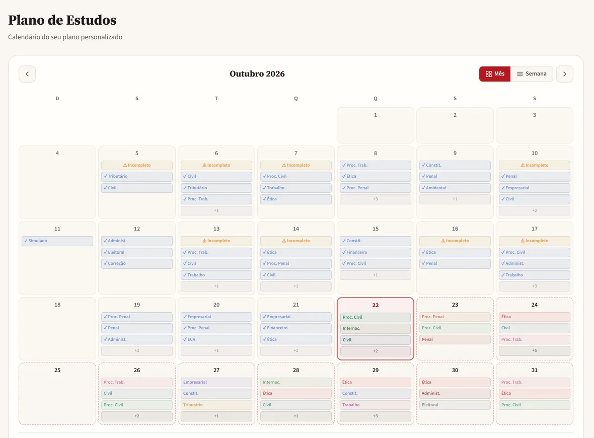 Calendário do Plano de Estudos com as matérias de cada dia do mês, os dias concluídos marcados e o dia de hoje em destaque